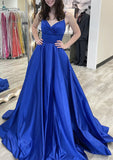 A-line V Neck Sleeveless Court Train Satin Prom Dress with Bowknot Pleated Waistband-27dress