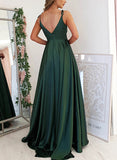 A-Line V-neck Sleeveless Elastic Satin Prom Dress With Split Front and Sweep Train-27dress