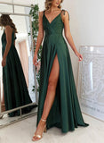 A-Line V-neck Sleeveless Elastic Satin Prom Dress With Split Front and Sweep Train-27dress