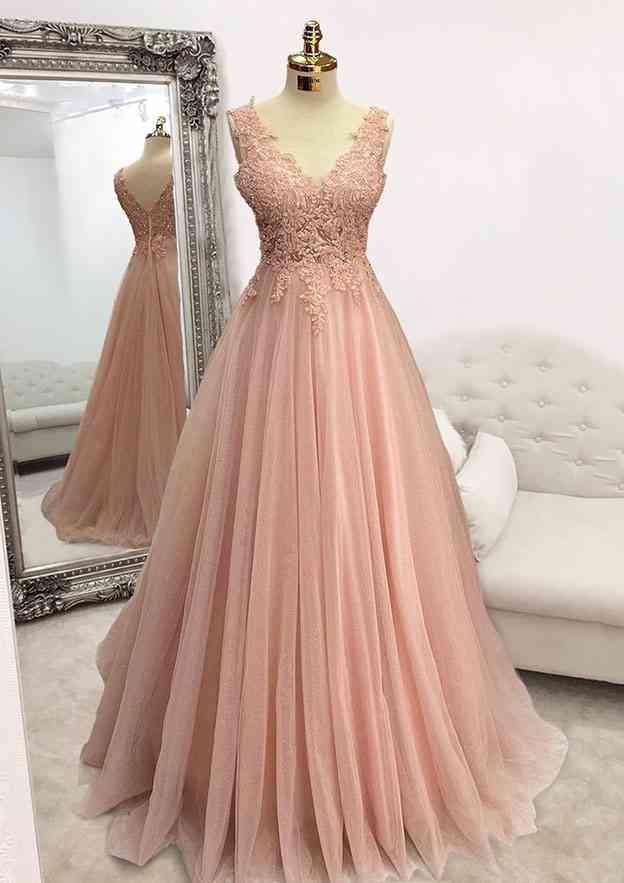 A-line V Neck Sleeveless Glitter Prom Dress With Appliqued Beading for Floor-Length Tulle Look-27dress