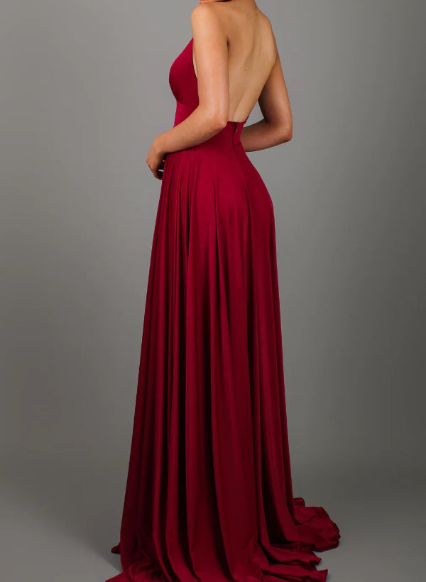 A-Line V-neck Sleeveless Jersey Prom Dress with Sweep Train-27dress