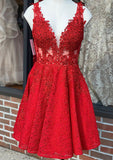 A-Line V-Neck Sleeveless Lace Homecoming Dress with Beading-27dress