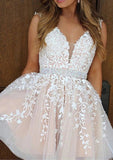A-Line V-Neck Sleeveless Lace Tulle Homecoming Dress with Appliqued Beading - 27Dress