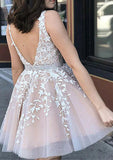 A-Line V-Neck Sleeveless Lace Tulle Homecoming Dress with Appliqued Beading - 27Dress