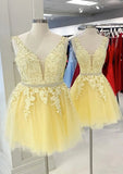 A-line V Neck Sleeveless Lace Tulle Short/Mini Homecoming Dress With Beading Bandage-27dress