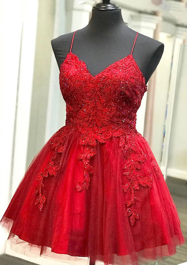 A-Line V Neck Sleeveless Lace Tulle Short/Mini Homecoming Dress with Beading-27dress