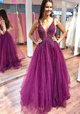 A-line V Neck Sleeveless Long Prom Dress with Appliqued Beading Sequins-27dress