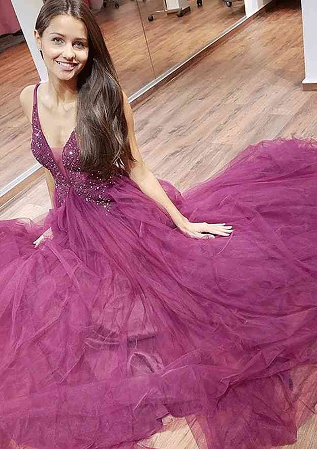 A-line V Neck Sleeveless Long Prom Dress with Appliqued Beading Sequins-27dress