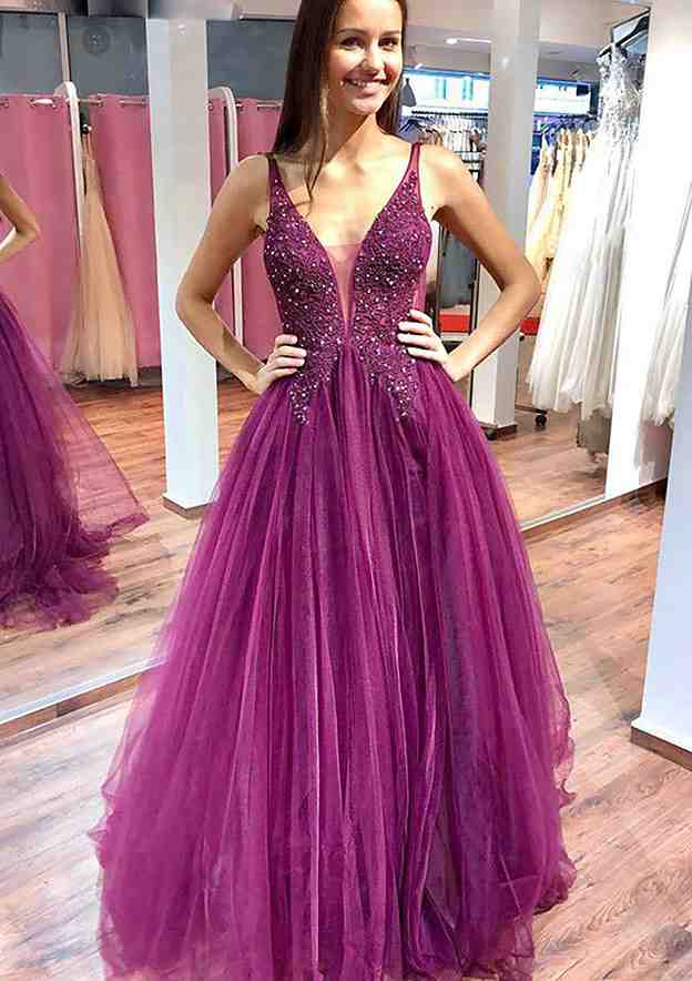 A-line V Neck Sleeveless Long Prom Dress with Appliqued Beading Sequins-27dress