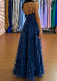 A-line V Neck Sleeveless Long Tulle Prom Dress with Sequins Split-27dress