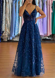 A-line V Neck Sleeveless Long Tulle Prom Dress with Sequins Split-27dress