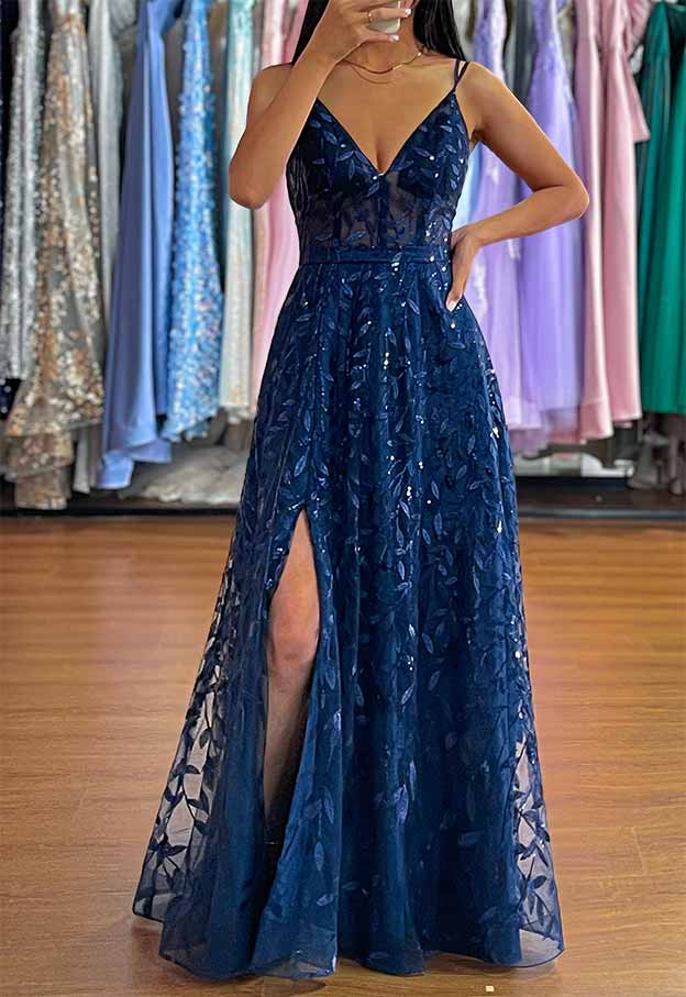 A-line V Neck Sleeveless Long Tulle Prom Dress with Sequins Split-27dress