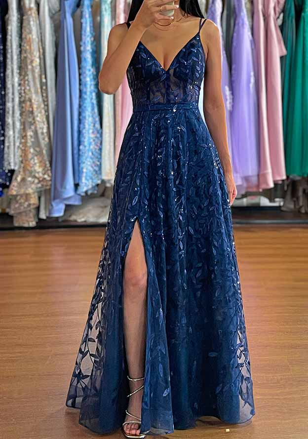 A-line V Neck Sleeveless Long Tulle Prom Dress with Sequins Split-27dress