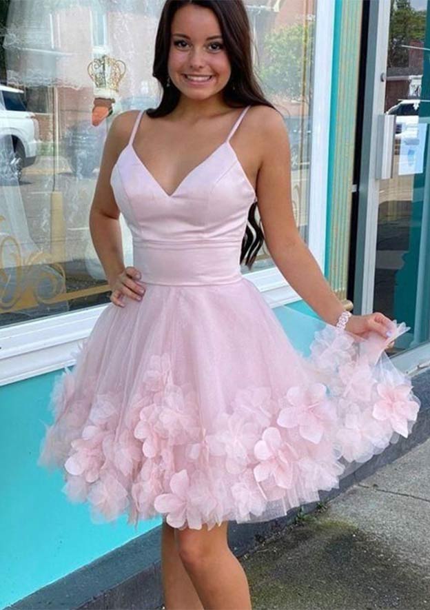 A-Line V-Neck Sleeveless Mini Tulle Homecoming Dress with Flowers - 27Dress