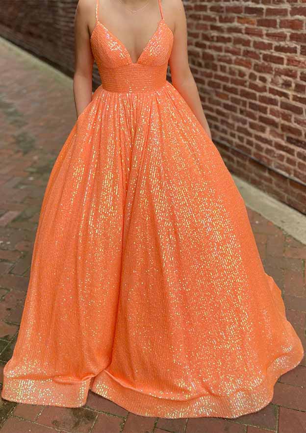 A-Line V-Neck Sleeveless Prom Dress with Sequins and Pockets-27dress