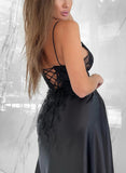 A-Line V-Neck Sleeveless Satin Floor-Length Prom Dress With Lace-27dress