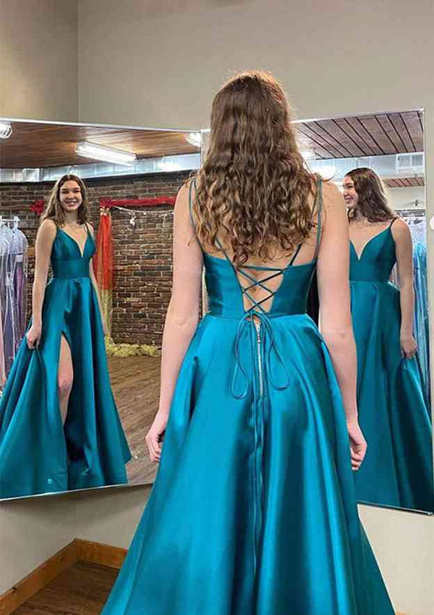 A-line V Neck Sleeveless Satin Long/Floor-Length Prom Dress With Pockets Split-27dress