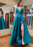 A-line V Neck Sleeveless Satin Long/Floor-Length Prom Dress With Pockets Split-27dress