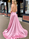 A-Line V-Neck Sleeveless Satin Prom Dress With Pockets-27dress