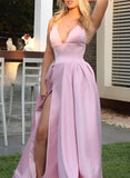 A-Line V-Neck Sleeveless Satin Prom Dress With Pockets-27dress