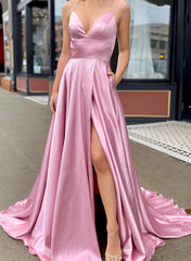 A-Line V-Neck Sleeveless Satin Prom Dress With Pockets-27dress