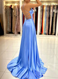 A-Line V-Neck Sleeveless Satin Prom Dress With Split Front and Sweep Train-27dress