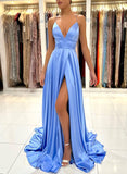 A-Line V-Neck Sleeveless Satin Prom Dress With Split Front and Sweep Train-27dress