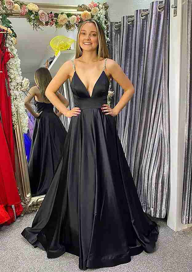 A-line V Neck Sleeveless Satin Sweep Train Prom Dress With Beading-27dress