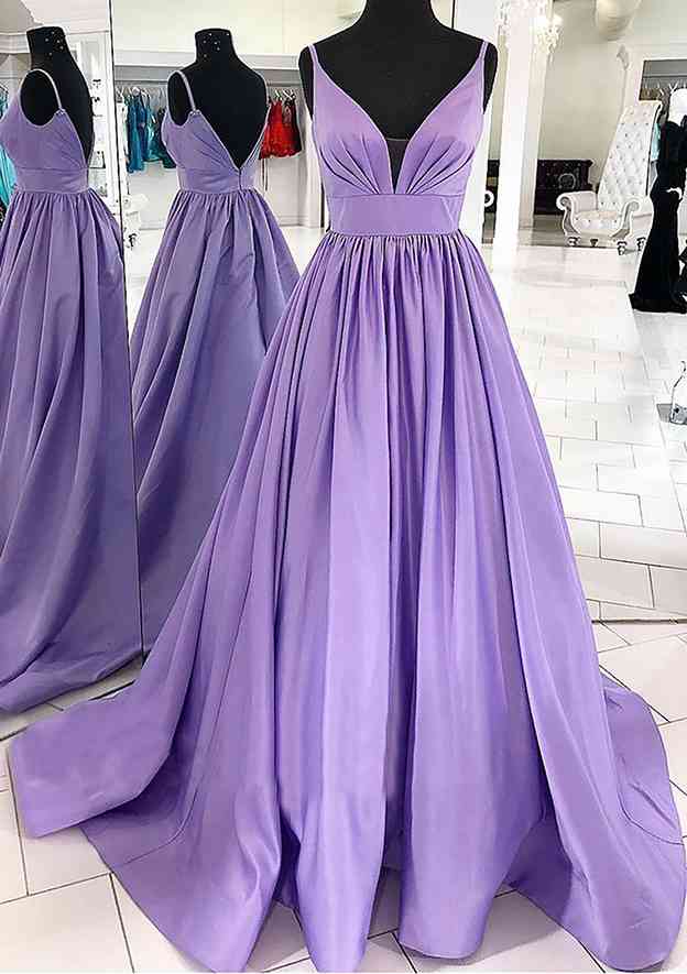 A-line V Neck Sleeveless Satin Sweep Train Prom Dress With Pleated-27dress