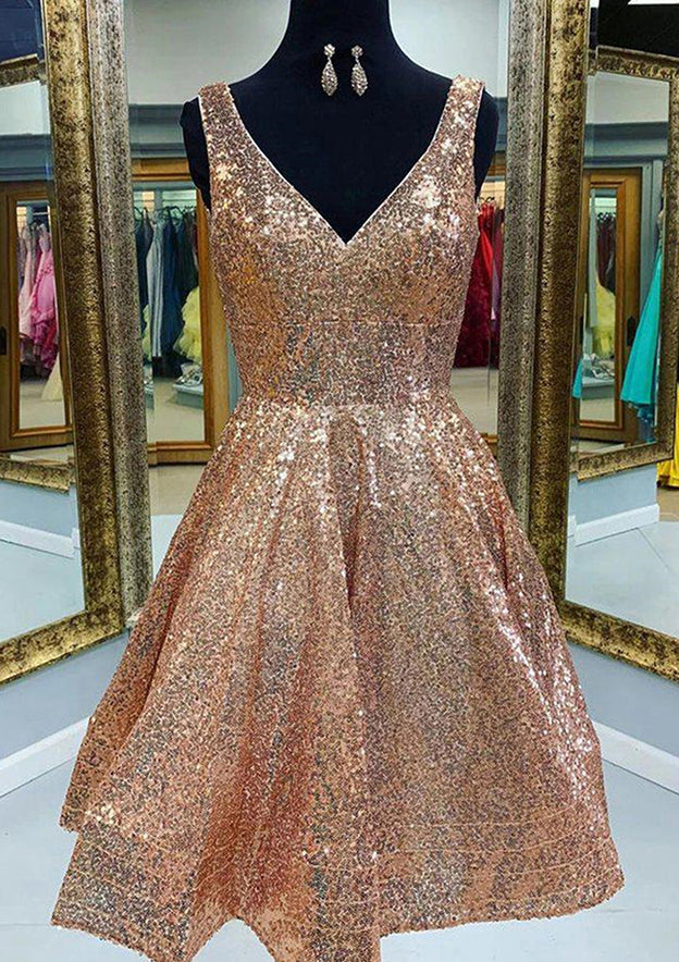 A-Line V-Neck Sleeveless Sequins Knee-Length Homecoming Dress-27dress