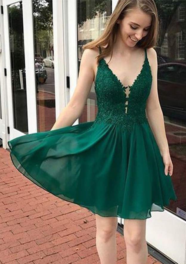 A-line V Neck Sleeveless Short/Mini Chiffon Homecoming Dress with Appliqued - 27Dress