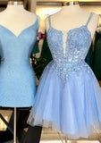 A-line V Neck Sleeveless Short/Mini Tulle Homecoming Dress with Appliqued Beading and Glitter-27dress