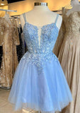 A-line V Neck Sleeveless Short/Mini Tulle Homecoming Dress with Appliqued Beading and Glitter-27dress