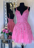 A-line V Neck Sleeveless Short/Mini Tulle Homecoming Dress with Appliqued Beading-27dress