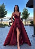 A-line V Neck Sleeveless Sweep Train Satin Prom Dress-27dress