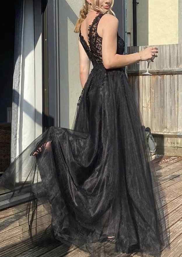 A-line V Neck Sleeveless Sweep Train Tulle Prom Dress With Appliqued Beading-27dress