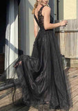 A-line V Neck Sleeveless Sweep Train Tulle Prom Dress With Appliqued Beading-27dress