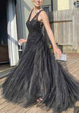 A-line V Neck Sleeveless Sweep Train Tulle Prom Dress With Appliqued Beading-27dress