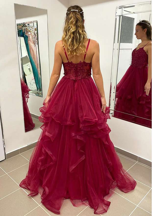 A-Line V Neck Sleeveless Sweep Train Tulle Prom Dress with Appliqued Beading Ruffles-27dress