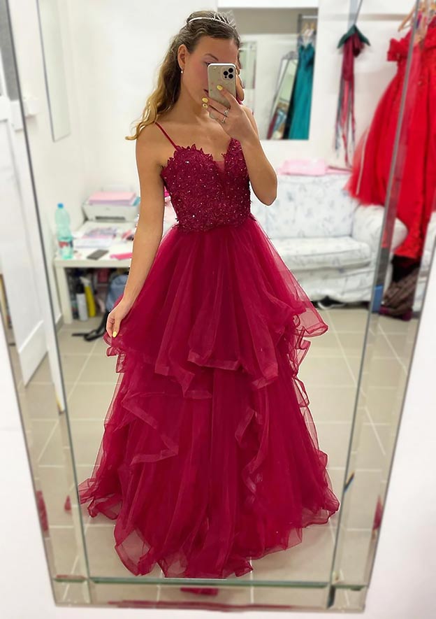 A-Line V Neck Sleeveless Sweep Train Tulle Prom Dress with Appliqued Beading Ruffles-27dress