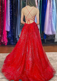 A-line V Neck Sleeveless Sweep Train Tulle Prom Dress with Appliqued Beading Split Glitter-27dress