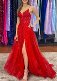 A-line V Neck Sleeveless Sweep Train Tulle Prom Dress with Appliqued Beading Split Glitter-27dress