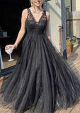 A-line V Neck Sleeveless Sweep Train Tulle Prom Dress With Appliqued Beading-27dress