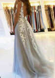 A-line V Neck Sleeveless Sweep Train Tulle Prom Dress With Beading Lace-27dress