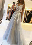 A-line V Neck Sleeveless Sweep Train Tulle Prom Dress With Beading Lace-27dress