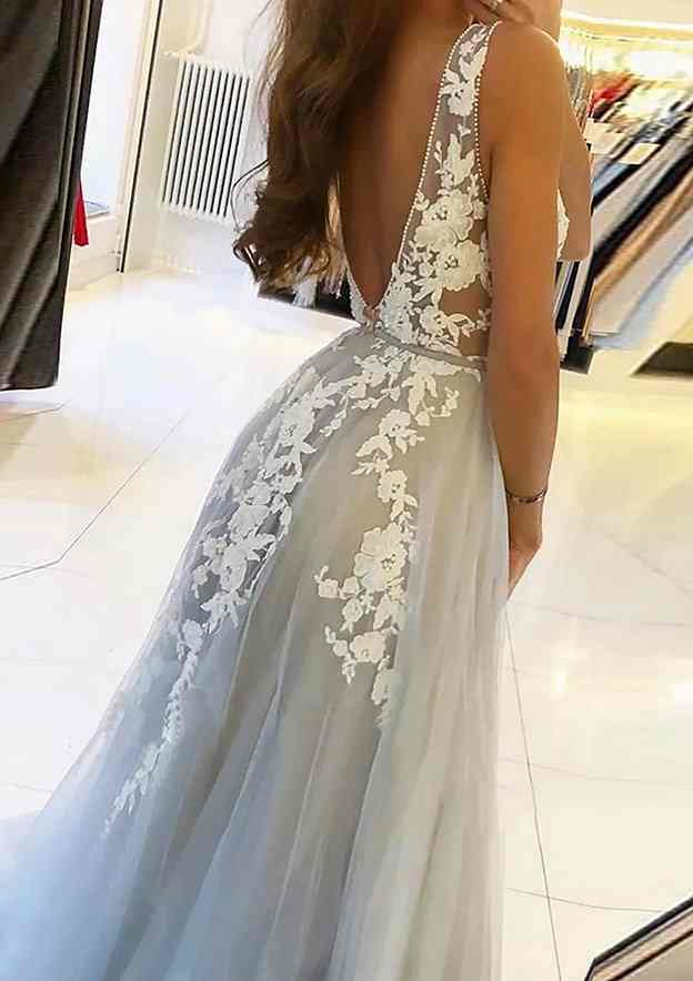 A-line V Neck Sleeveless Sweep Train Tulle Prom Dress With Beading Lace-27dress