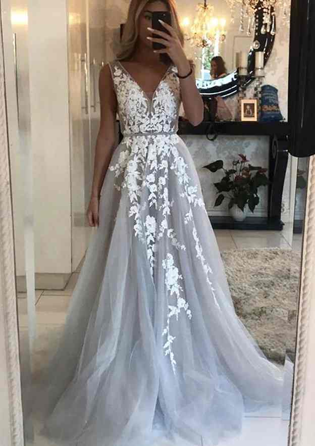 A-line V Neck Sleeveless Sweep Train Tulle Prom Dress With Beading Lace-27dress