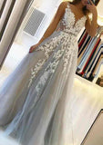 A-line V Neck Sleeveless Sweep Train Tulle Prom Dress With Beading Lace-27dress