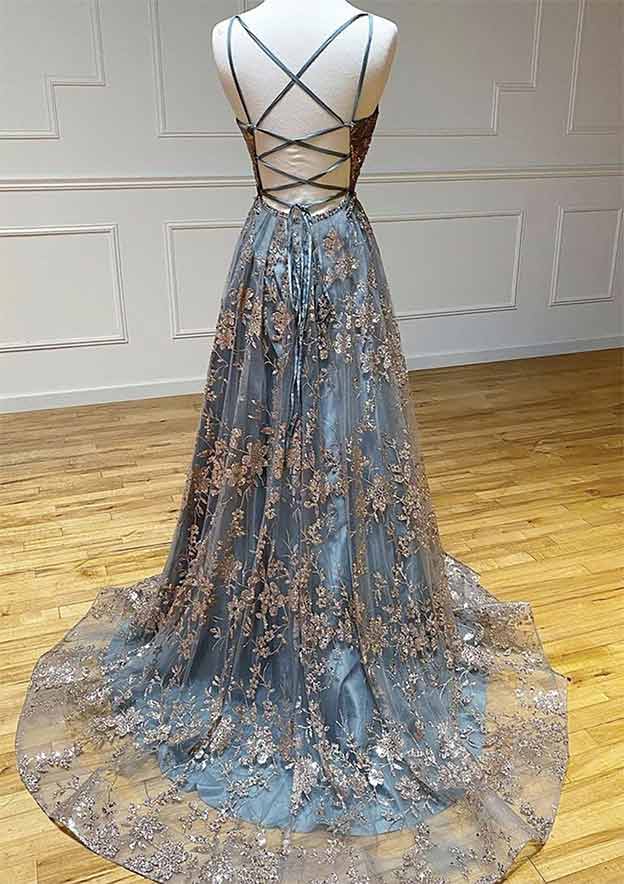 A-line V Neck Sleeveless Sweep Train Tulle Satin Prom Dress With Appliqued Split-27dress