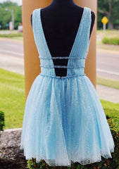 A-line V Neck Sleeveless Tulle Dress With Beading Glitter for Homecoming - 27Dress